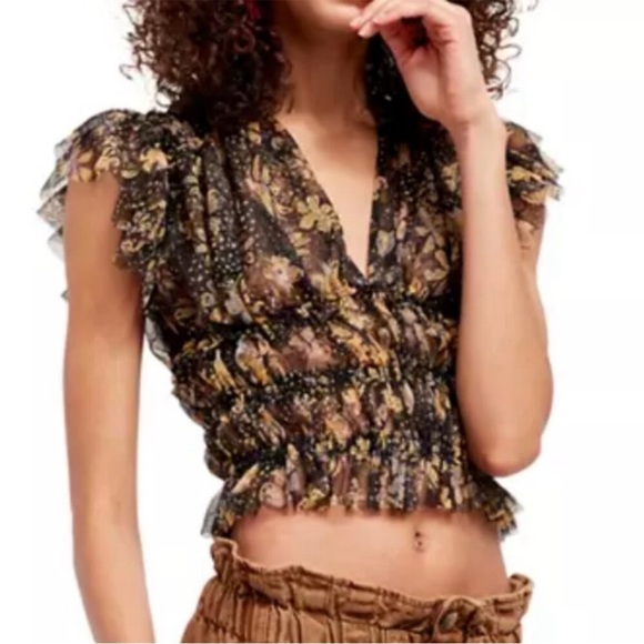 Free People "Making Me Smile" Top - Black Floral Sheer Size L - Picture 1 of 6